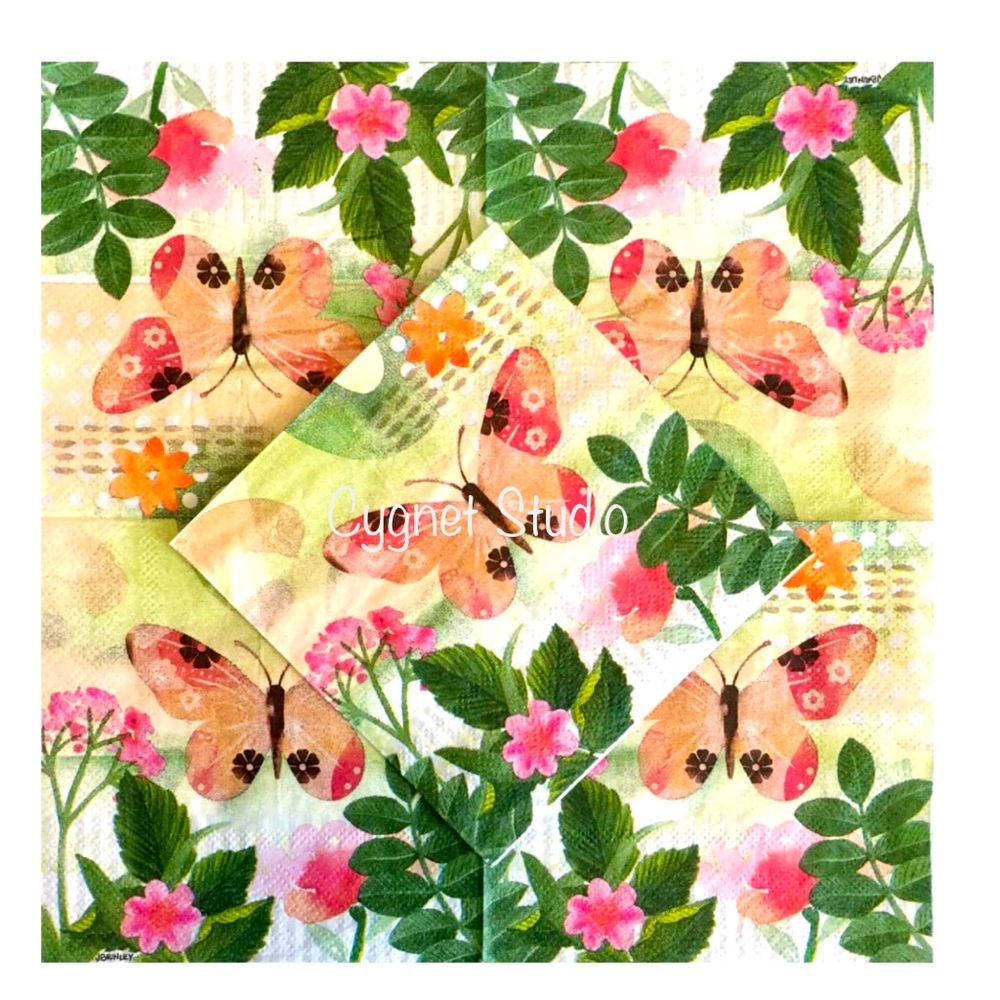 Peachy Pink Butterfly Decoupage Two (2) Individual Cocktail Napkins $FIRM